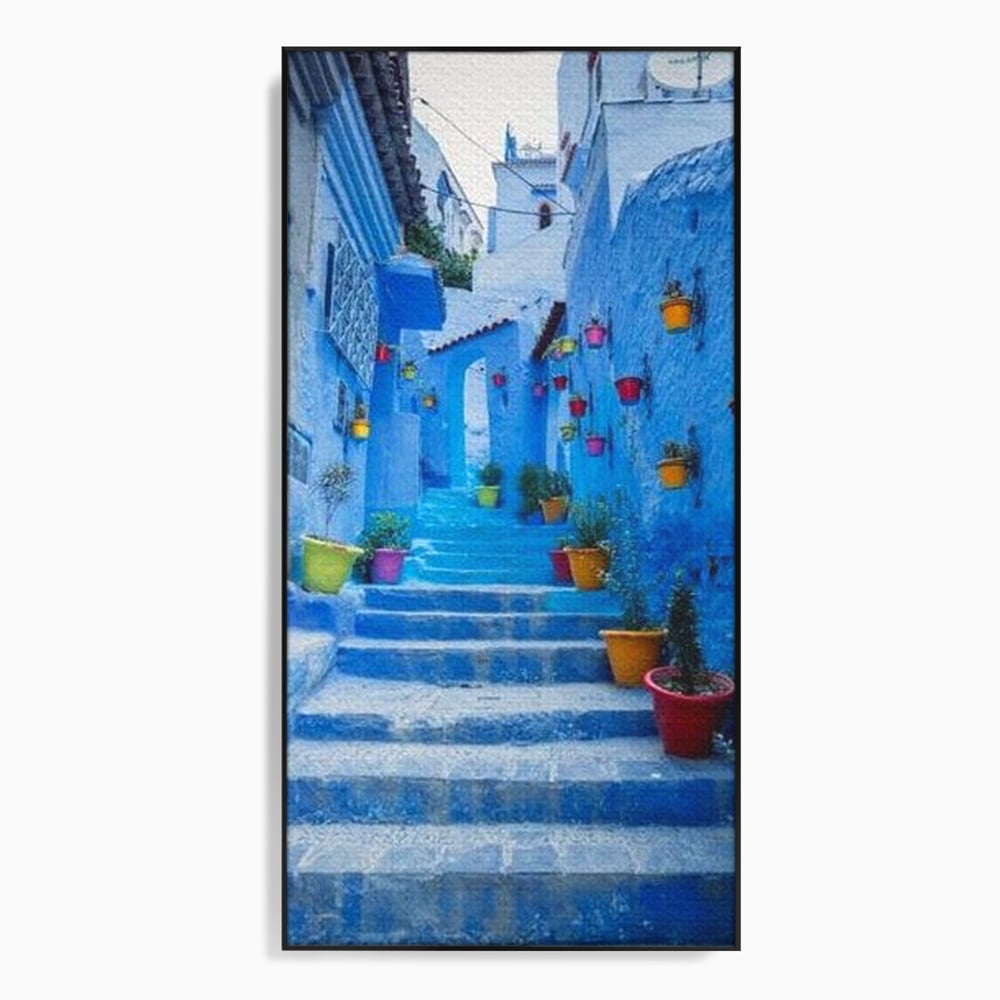 Tablou canvas cu tablou canvas cu straduta albastra din maroc, in rama de aluminiu negru